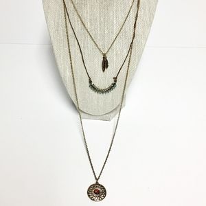 Three Layered Bronze & Leather Necklace Turquoise